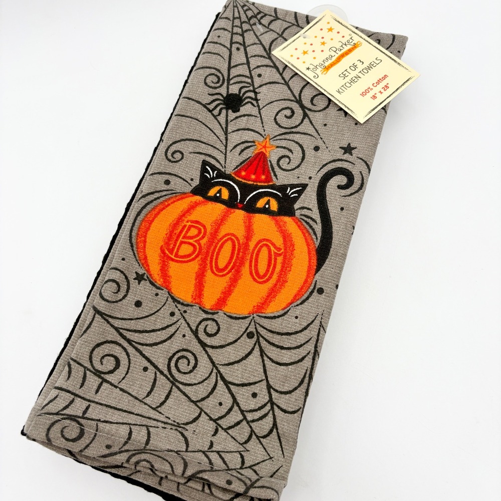 Johanna Parker Halloween Kitchen Towels Set of 3 Black Cat Pumpkin Boo Spiderweb